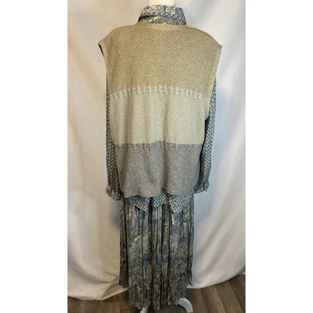 Maxi Skirt Set 3 Piece Womens L Top Blouse Cardigan Vest Skirt Floral Paisley